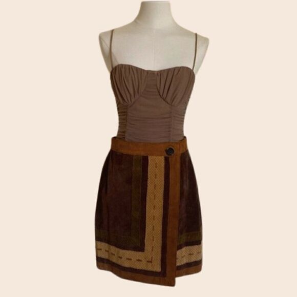 Vintage Brown & Tan Multi-panel Genuine Suede Leather Mini Wrap Skirt Size Small - Picture 1 of 14